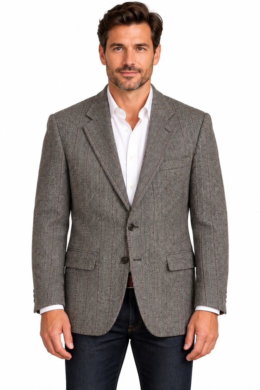 Vintage Lanvin Kutler Bros Mens 46L Wool Herringbone Gray Blazer Sport Coat